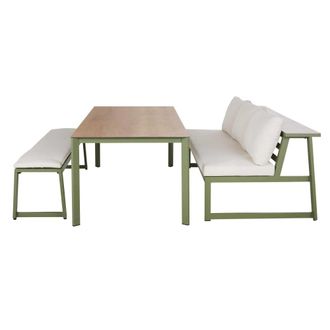 Maisons du monde Conjunto de banco de exterior de aluminio verde caqui y cojines color crudo, 1 banco y 1 mesa
