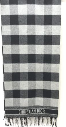 Dior Gray Checkered Fringed Wool Womens Scarf (Pre-Owned)