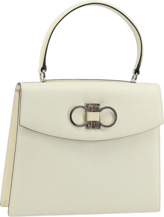 Ferragamo Double Gancini Top Handle Bag Saffiano Leather White Leather Handbag (Pre-Owned)