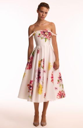Milla Fit-and-Flare Satin Floral Midi Dress for Cocktail Events in Ivory Floral at Nordstrom, Size 2
