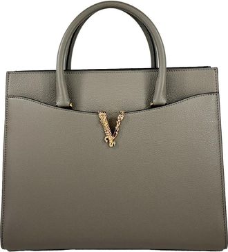 Versace Versace Virtus Large Leather Top Handle Satchel Bag Tote Womens Gray