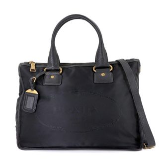 Prada Black Nylon Leather Shoulder Bag Tote Bag (Pre-Owned)