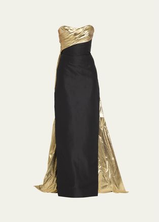 Monique Lhuillier Strapless Draped Metallic Lame Train Gown