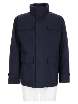 Herno Structured Blue Sports Jacket With High Collar And Front Zip Closure