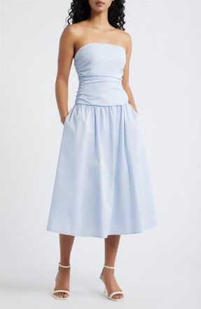 Lulus Molly Ruched Bodice Strapless A-Line Midi Dress in Light Blue at Nordstrom, Size X-Small