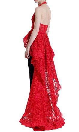 Reem Acra Red Lace Halter-neck Top with Train Size M