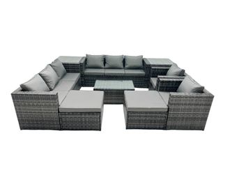 Fimous 10-seater Patio Coffee Table Sofa Set with 2 Big Stools 2 Side Tables in Dark Grey