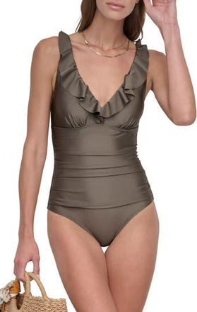DKNY Ruffle Plunge One-Piece Swimsuit in Bronze at Nordstrom Rack, Size Xx-Large