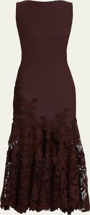 Oscar De La Renta Sleeveless Porcelain Flowers Lace Inset Midi Dress