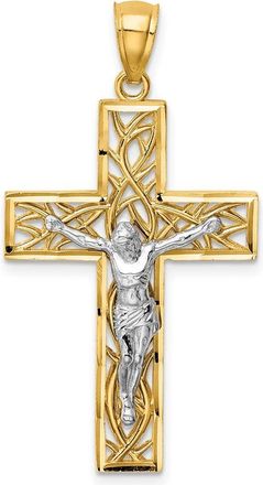Diamond2Deal 14k Two-tone Gold Satin Polished Diamond-Cut Crucifix Vines Pendant
