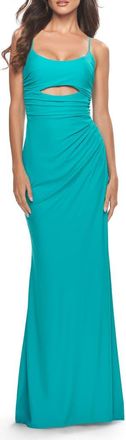 La Femme Cut Out Soft Jersey Dress with Lace Up Back in Aqua at Nordstrom, Size 12