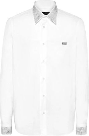 Philipp Plein Sugar Daddy Cut LS Strass - Heren - Zakelijke Overhemden - Wit - 3XL - Katoen - Overhemden