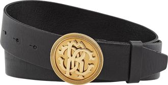 Roberto Cavalli Mens Black Leather RC Logo Medallion Buckle Belt, Size 90 cm
