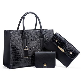 Generic 3pcs Satchel Handbag for Women Top Handle Purse Fashion Crocodile Crossbody Bag Large Ladies Tote Shoulder Bags (Black)