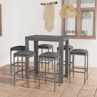 vidaXL Set Muebles Bar Jard&iacute;n 7 Piezas Y Cojines Rat&aacute;n Sint&eacute;tico Gris Vidaxl