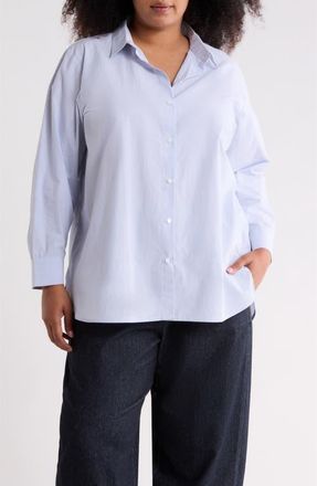 Eileen Fisher Stripe Organic Cotton Button-Up Shirt in Dolphin at Nordstrom, Size 1X
