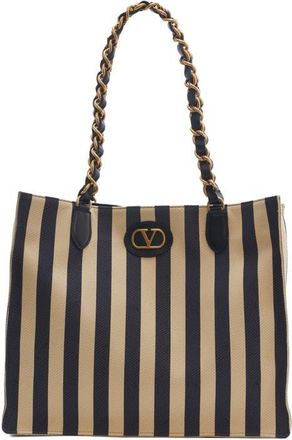 Valentino Garavani Kicky Stripe Nylon & Cotton Tote in Black/khaki at Nordstrom