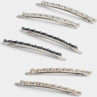 Simons Womens Crystal and pearl barrettes Set of 6