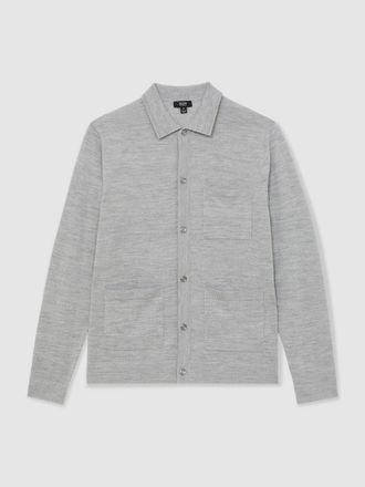 Reiss Soft Grey Mouline Merino Wool Button-through Shirt, S