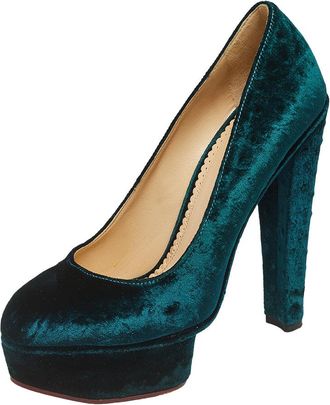 Charlotte Olympia Green Textured Velvet Dolly Platform Pumps