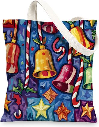 Generic Abstract Christmas Bells Canvas Tote Bag for Shopping 13x15, Fun Kid Happy Xmas Reusable Grocery Print Bag for Women, Holiday New Year Beach Aesthetic