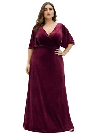 Ever-pretty Ever Pretty Womens Elegant Vintage Velvet Short Sleeves Floor Length Plus Size Prom Dresses Burgundy 28UK