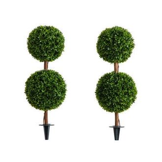 Nearly Natural 3-ft UV Resistant Artificial Double Ball Boxwood Topiary with Integrated Ground Stake (Indoor/Outdoor) - Set of 2 in Green at