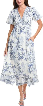 Max Studio Bubble Sleeve V-Neck Empire Waist Midi Dress