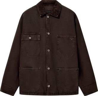 Emporio Armani Boxy Brown Coat with Corduroy Collar and Utility Pockets