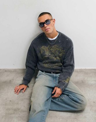 Ed Hardy Maglione girocollo nero lavorato a maglia con stampa Los Angeles