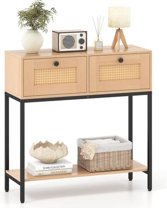 Costway 80 CM Boho Console Table 2-Tier Modern Narrow Entryway Table-Natural