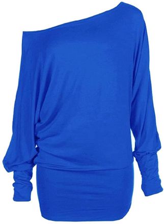 Crazy Girls Womens Long Sleeve One Off-Shoulder Plain Baggy Batwing Top UK8-24, Royal Blue, 2XL (UK 20-22)