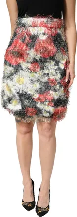 Dolce & Gabbana Womens Multicolor Floral Textured Faux Fur Pencil Skirt Silk