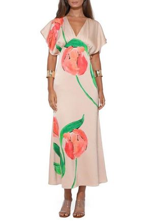 Adelyn Rae Madelyn Floral Flutter Sleeve Satin Maxi Dress in Floral Print at Nordstrom, Size Large