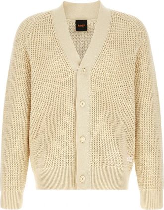 HUGO BOSS Honeycomb V-neck Cardigan - Heren - Vesten - Beige - XL - Katoen - Truien & Vesten