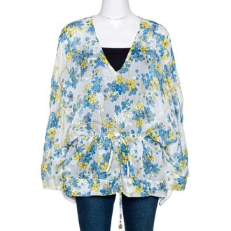 Roberto Cavalli Blue & White Floral Print Silk Sheer Kaftan Top M