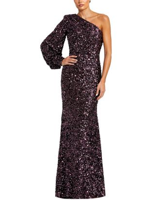 Mac Duggal Sequined One Shoulder Bishop Sleeve Trumpet Gown