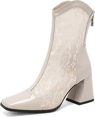 Generic Womens Fashion Mesh Lace Floral Ankle Boots Square Toe Chunky High Heels Dress Pumps Wedding Party Casual Shoes (Apricot,5.5)