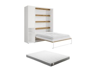 Vente-Unique Cama plegable vertical 140 x 200 cm - 1 columna de almacenamiento - Con LEDs - Blanco y natural + Colch&oacute;n - RAPILI