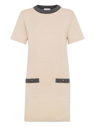 Brunello Cucinelli pocket trim mini dress - women - Virgin Wool/Cashmere/Silk - S - Neutrals