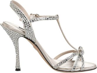 Dolce & Gabbana Strass Enkelband Hak Sandalen - Dames - Sandalen met hakken - Grijs - 37 EU - Leer - Schoenen