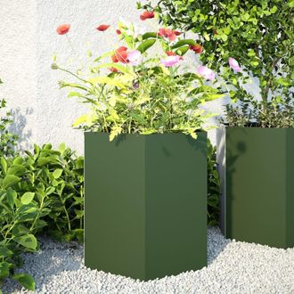 Berkfield Home Garden Planter 2 pcs Olive Green Hexagon 46x40x45 cm Steel | Size: 46 x 40 x 45 cm