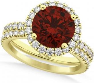 Allurez Garnet & Diamond Round-Cut Halo Bridal Set 18K Yellow Gold (3.27ct)