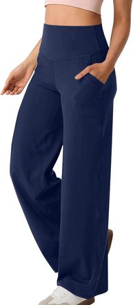 Generic Women Wide Leg Yoga Pants with Pockets Casual Stretch Straight Leg Dress Pant (Navy Blue,L)