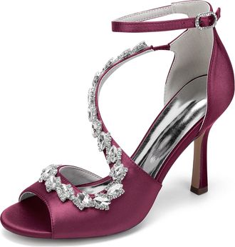 Generic Womens High Heels Satin Bridal Shoes Stiletto Sandals Dress Wedding Heel Formal Evening Shoes Rhinestone 9.5Cm,Burgundy,10 UK