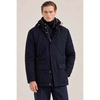 Brunello Cucinelli Mens Navy Wool Hooded Jacket, Size 62