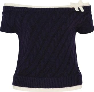 Shushu/Tong Gebreide Crop Top met Strik en Off-Shoulder Halslijn - Dames - Tops zonder mouwen - Blauw - 2XS - Tops