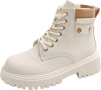 Generic White Female Fashion Winter Ankle Boots with Round Toe Lace-Up Front and Side Zipper Block Heel Medium Heel for Comfort