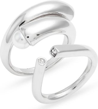 Open Edit Set of 2 Rings in White- Silver at Nordstrom, Size Medium