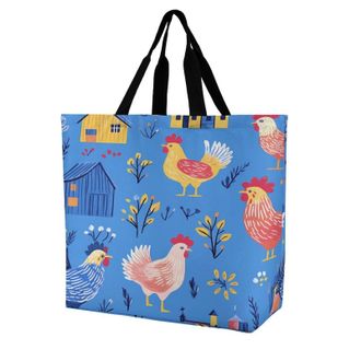 Generic Colorful Roosters Pattern Large Reusable Shopping Bag Lightweight Foldable Tote Bags Washable Shoulder Handbag
